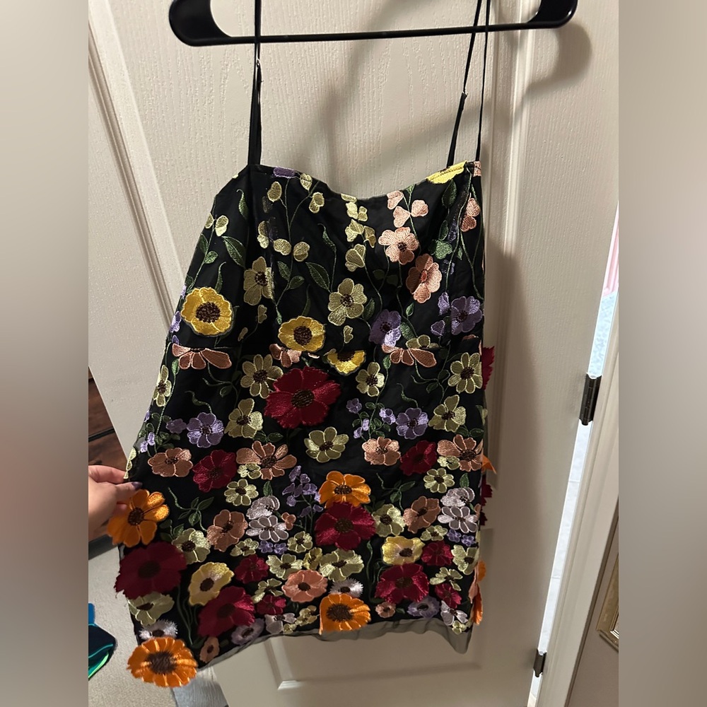 Cider Black Slip Dress with Multicolor Floral Embroidery
